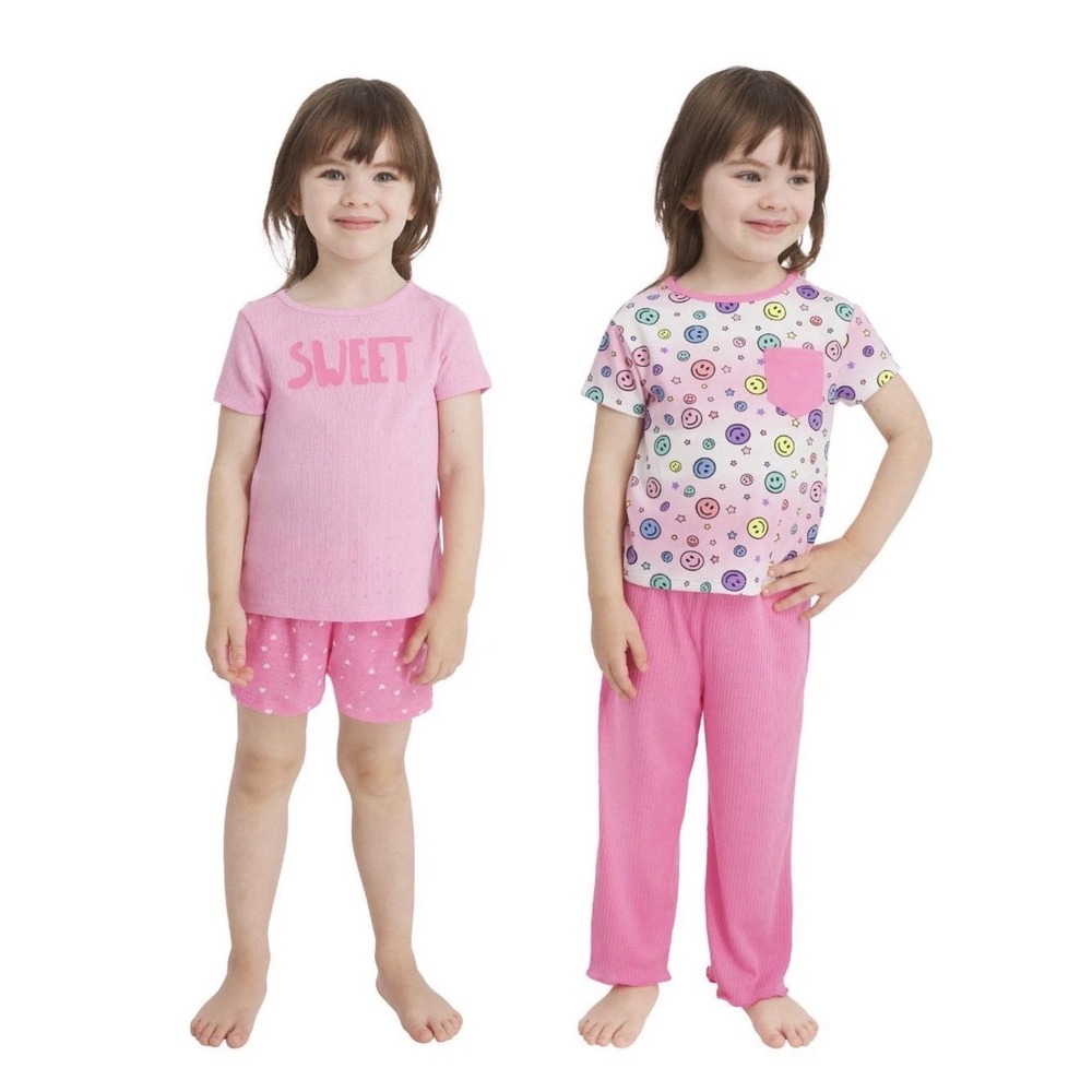 NWT Lands End Kids 4-Piece Sleep Set Pink Smiley Face Heart Pajamas 4T Gift Set